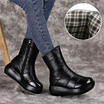 Flat Platform Genuine Leather Half  Boots Women Shoes Winter Round Toe Vintage P - £63.60 GBP