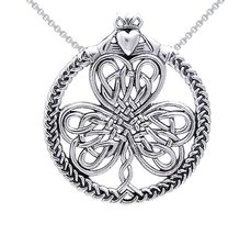 Jewelry Trends Celtic Claddagh Shamrock Irish Clover Sterling Silver Pendant Nec - £50.50 GBP