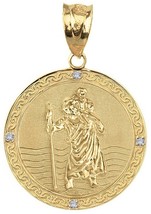 Solid 14k Gold Saint Christopher Diamond Round Medal Catholic Protection (1&#39;) - £394.18 GBP