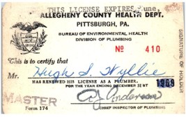 Vintage Plumbers License Card Pittsburgh 1969 - £26.86 GBP