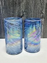 Pair of Art Glass Studio Blown Tall Tumblers Rainbow Irredescent Swirl - £37.36 GBP