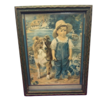 Vintage Boy With Dog Country FRAME Wood Ornate Glass Picture Art Deco “PALS “ - £37.35 GBP