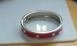Silver-tone Pink Enamel Clear Rhinestone Hinged Bangle Bracelet - £7.43 GBP