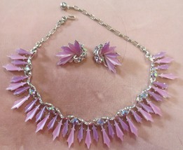 Vintage AB  Rhinestone &amp; Rose Quartz Glass Necklace &amp; Clip Earring Set - £59.01 GBP