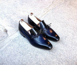 Handmade Men&#39;s Leather New Fashion Navy Blue Stylish Classic Loafers Shoes-1006 - £180.32 GBP
