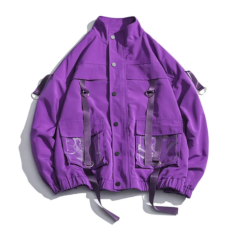  Men Streetwear Mulit-Pockets Ribbons Jacket Windbreaker Harajuku Black Purple H - £218.18 GBP