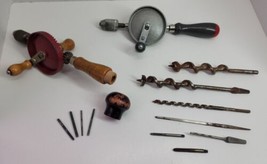 2 VTG Antique Stanley H1221 Beater Hand Drill &amp; Bits Lot USA Wood Handle Rare - £30.57 GBP