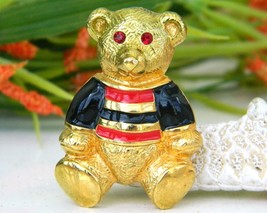 Vintage Teddy Bear Brooch Pin Enamel Rhinestones Anne Klein Signed - $19.95