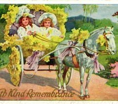 Vtg Postcard Children Horse Drawn Yellow Flower Cart Carriage Kind Rememberance - £7.39 GBP