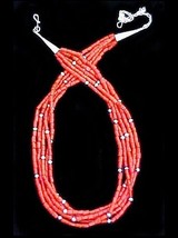 Native Zuni Indian Deep Red Coral 5 Strand Sterling Silver Heishi Beads ... - £696.22 GBP