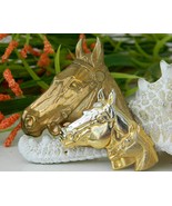Three Horse Heads Figural Brooch Pin Gold Tone Metal Equestrian 3D - £12.85 GBP