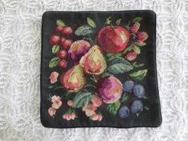 Unused FRUIT &quot;SALAD&quot; on BLACK NEEDLEPOINT Zippered PILLOW COVER - 13.5&quot; sq. - $25.00