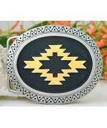 Southwestern Belt Buckle Geometric Pewter Gold Design Diamond Cut - £16.03 GBP