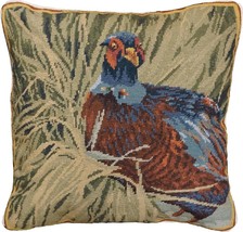 Pillow Throw Needlepoint Hiding Pheasant 18x18 Green Rust Brown Blue Copper - £235.20 GBP