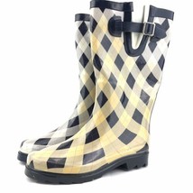 Blue Argyle Plaid Rain Boots Women Size 6 Cosmetic Defects SideBuckle Waterproof - £13.79 GBP