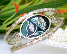 Vintage Mexico Inlay Cuff Bracelet Abalone Shell Flower Inlaid Child - $19.95