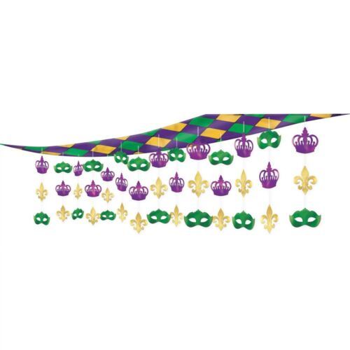 Primary image for Mardi Gras 10' Plastic & Foil Hanging Ceiling Decoration Crown, Mask, Fleur de L