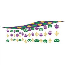 Mardi Gras 10&#39; Plastic &amp; Foil Hanging Ceiling Decoration Crown, Mask, Fleur de L - £11.05 GBP