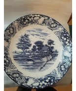 Big Blue Decorator Bowl With Farm Scene in the Center and Fruit &amp; Flower... - $11.50