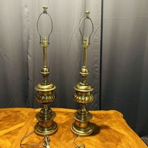 Hollywood Regency Brass Table Lamp 33in H USA Made Vintage 2 Pieces Stiffel Pair - £208.26 GBP