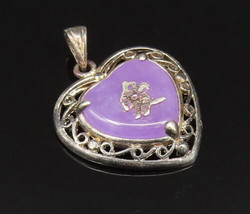 925 Silver - Vintage Chinese Symbol Purple Jade Openwork Heart Pendant - PT21313 - £28.55 GBP