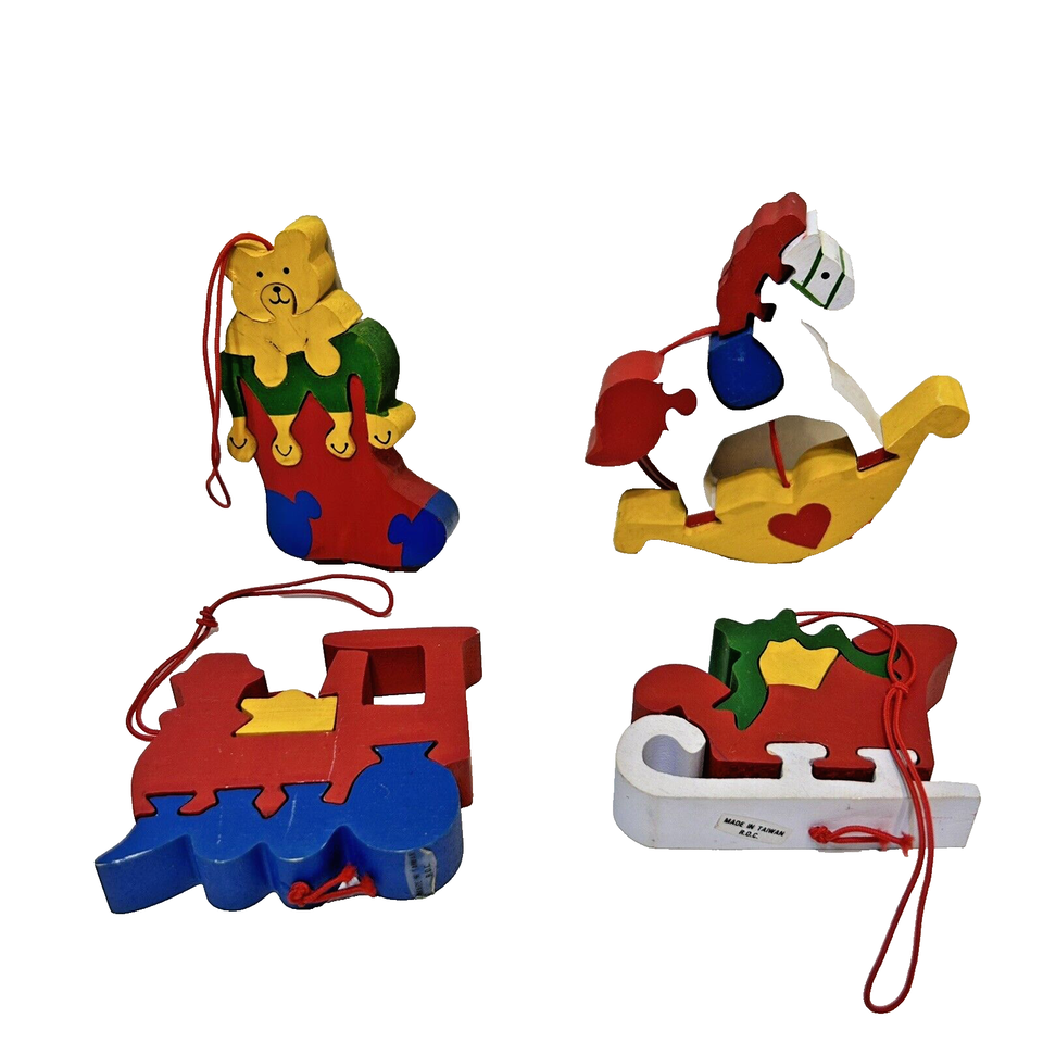 Primary image for Vintage Set of 4 Silvestri Painted Wood Puzzle Christmas Tree Ornaments 3.5"
