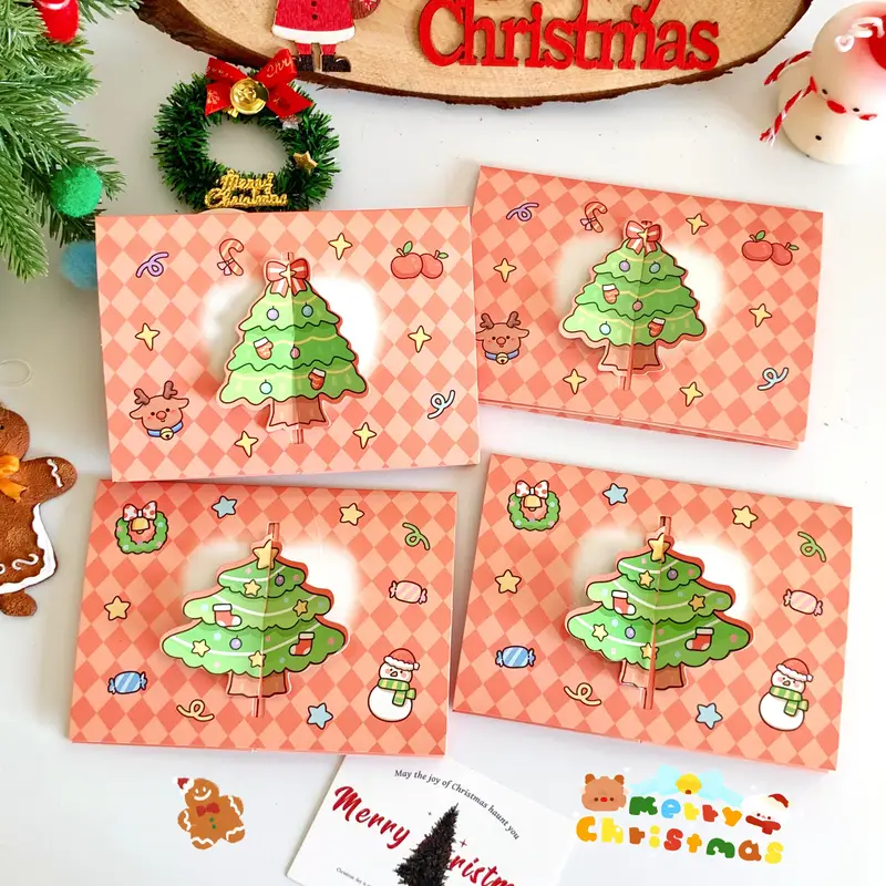 Christmas Tree Cartoon Greeting Card, Square Checkered Pattern, Pop-Up D... - £4.12 GBP