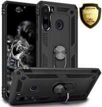 Samsung Galaxy A21 Black Hybrid Metal Ring Shockproof Case Cover+ Tempered Glass - £15.17 GBP