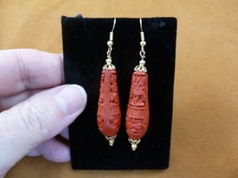 (EE400-63) teardrop RED CINNABAR bead flower wooden bead dangle gold earrings - £12.58 GBP