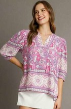 New Umgee S M L Lavender Pink Kalamkari Floral Border Print Tassel Tie Top - $29.45