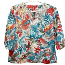 Alfred Dunner Tropical Top White Size 14 3/4 Sleeve Leaf Print Crochet Blouse - £15.53 GBP