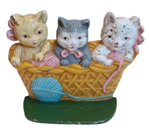 Primary image for Vintage 3 Kittens Cats in a Yarn Basket Door Stop Cast Iron China 8” x 6”