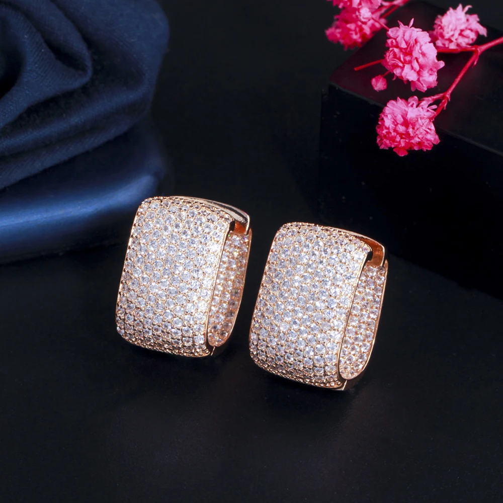 Sparkling Micro Pave Cubic Zirconia Rectangle Shape Silver Color Hoop Earrings f - £20.01 GBP