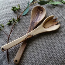 Small Handmade Olive Wood Serving Spoon &amp; Fork Set, Wooden Utensils Made in Jeru - £27.64 GBP