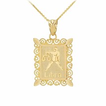 14k Solid Gold Libra Zodiac Sign Filigree Rectangular Pendant Necklace - £183.92 GBP+