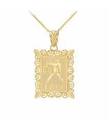 14k Solid Gold Libra Zodiac Sign Filigree Rectangular Pendant Necklace - $228.68+