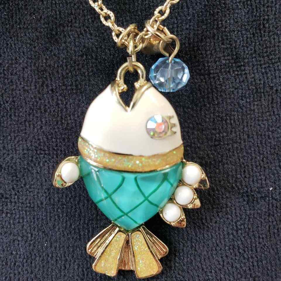 Primary image for Vintage Betsey Johnson Sea Excursion Fish Necklace Blue Lucite Rhinestone Gold