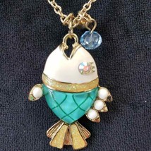 Vintage Betsey Johnson Sea Excursion Fish Necklace Blue Lucite Rhinestone Gold - £27.97 GBP
