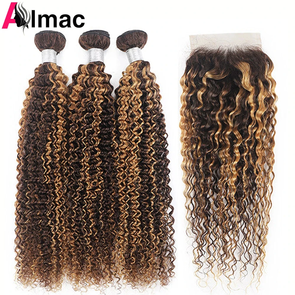P4/27 Honey Blonde And Brown Jerry Curly Human Hair Bundles With 4x4 Lace - £59.92 GBP+