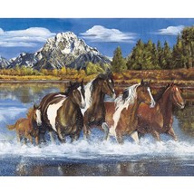 36&quot; X 44&quot; Panel Wild Horses Equestrian Animals Mountains Fabric Panel D374.70 - £11.75 GBP