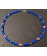 Beaded necklace, pink and blue, silver lobster clasp, about 20 inches long - £10.60 GBP