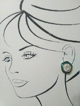 Vintage Clip Goldtone Button Earrings Pentagon Shape W/ Crystal&amp; Green Enamel - £12.78 GBP