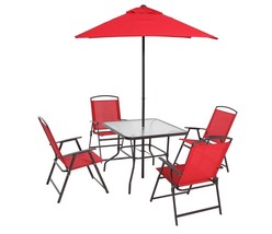 Patio Dining Set Outdoor 6-PC Table Folding Chairs Umbrella Red Garden Furniture - £127.93 GBP
