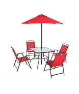 Patio Dining Set Outdoor 6-PC Table Folding Chairs Umbrella Red Garden F... - £129.88 GBP