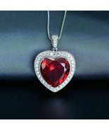2Ct Heart Cut CZ Red Garnet Halo Heart Pendant 14K White Gold Finish 18&quot;... - £150.23 GBP