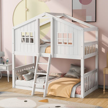 Twin Over Twin House Bunk Bed With Ladder, Wood Bed-White  - £477.78 GBP