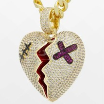 Unisex Moissanite Broken Heart with Red Enamel Pendant in 14K Yellow Gol... - $280.49