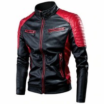 Slim Fit Biker Lambskin Leather Men Stylish Stripes Jacket Black &amp; Red - $107.30