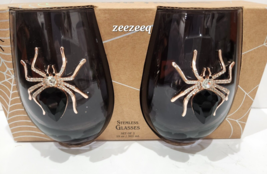 2pc Halloween Black Jewel Gem Rhinestone Spider Stemless Wine Glasses Home Decor - £29.56 GBP