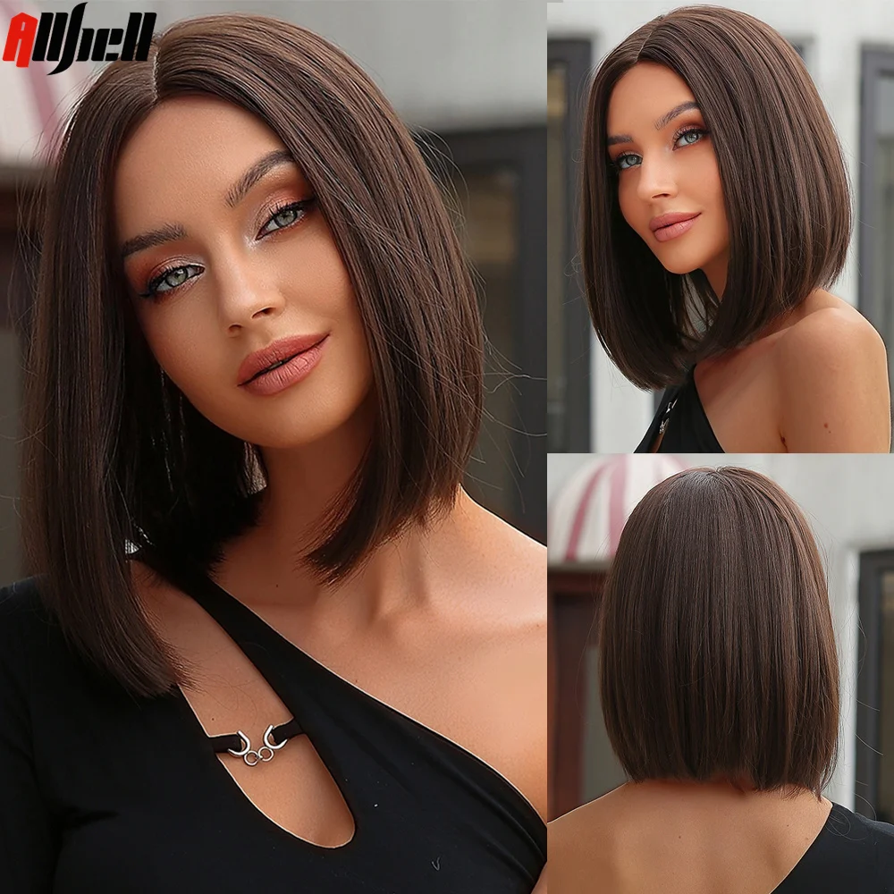 Dark Brown Synthetic Wig Middle Part for Cosplay Daily Short Straight Bob Wi - £10.67 GBP+